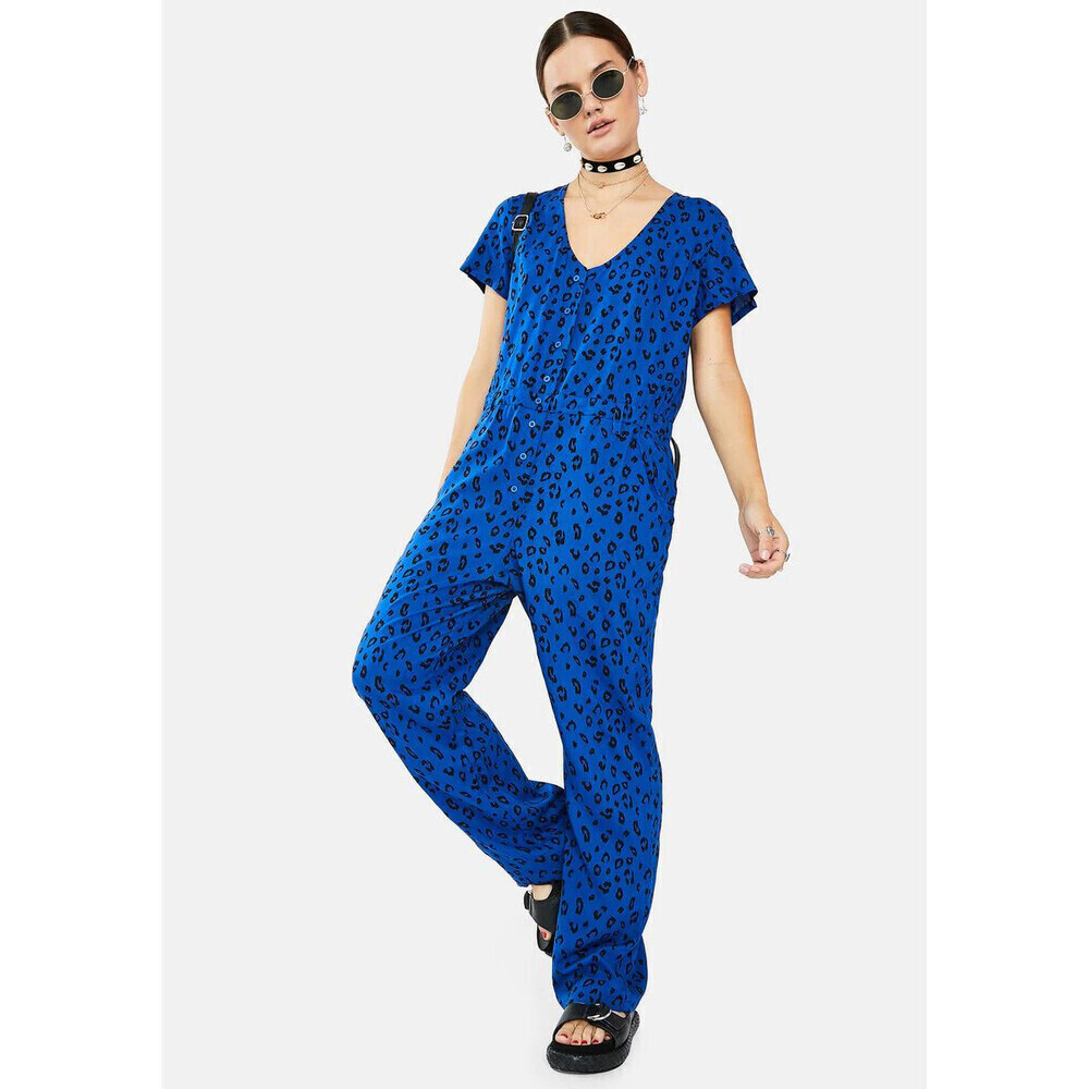 Obey Worldwide Women's Leo Short Sleeve Jumpsuit In Cobalt Animal Print Size XS